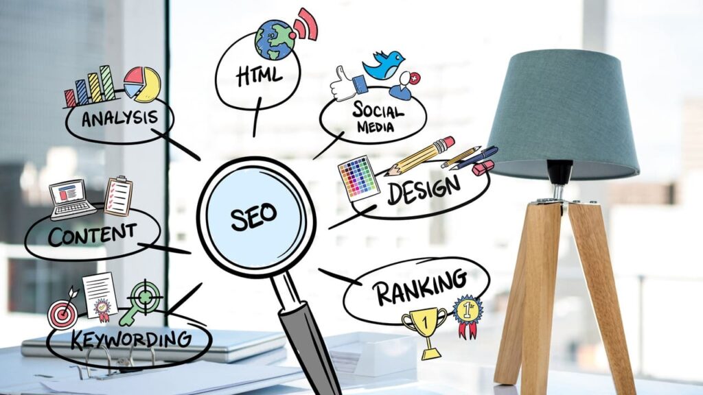 Illustration showing website structure, SEO tools, coding symbols, and gears representing technical SEO for beginners