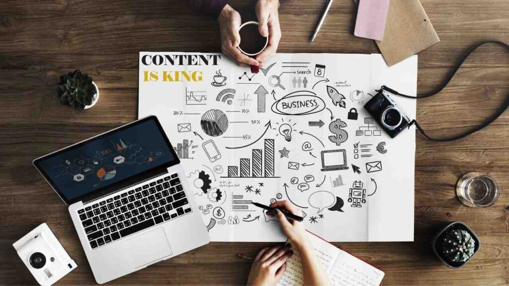Illustration showing the future of content marketing in 2025 with AI tools, digital content strategies, and SEO trends.